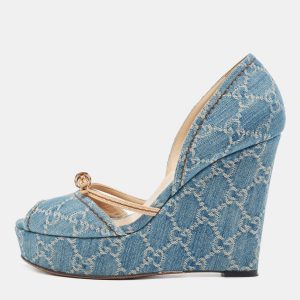 Gucci Blue GG Denim Bamboo Peep Toe D'orsay Wedge Sandals Size 38, Sandals - Luxury Closet