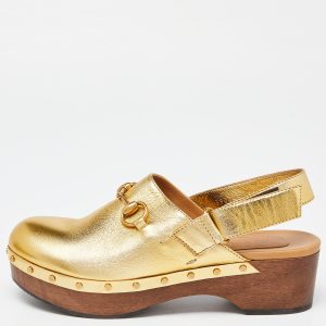 Gucci Gold Leather Amstel Horsebit Slingback Clog Sandals Size 38, Sandals - Luxury Closet