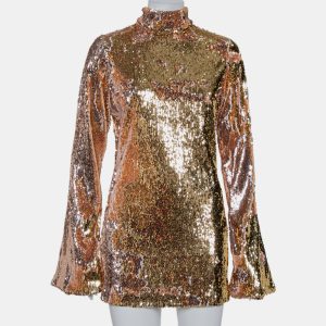 Halpern Gold Sequin Embellished Knit Bell Sleeve Detail Mini Dress S, Dresses - Luxury Closet