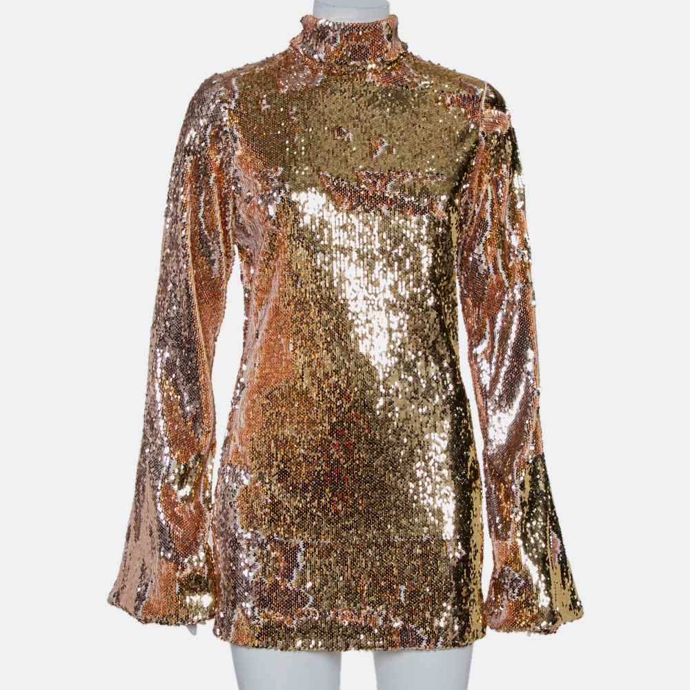 Halpern Gold Sequin Embellished Knit Bell Sleeve Detail Mini Dress S, Dresses - Luxury Closet