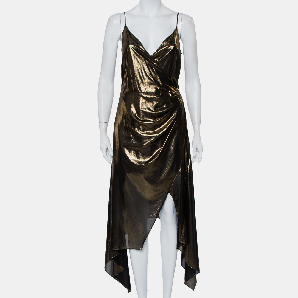 Haney Metallic Gold Lame' Faux Wrap Asymmetrical Hem Dress M, Dresses - Luxury Closet