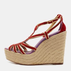 Hermes Red/Gold Suede and Leather Espadrille Wedge Sandals Size 41, Sandals - Luxury Closet