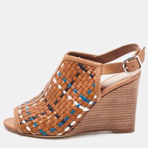 Hermes Tricolor Woven Leather Peep Toe Wedge Slingback Sandals Size 37, Sandals - Luxury Closet