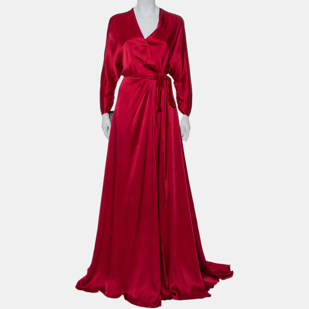 Jenny Packham Burgundy Satin Trail Detail Wrap Gown M, Dresses - Luxury Closet