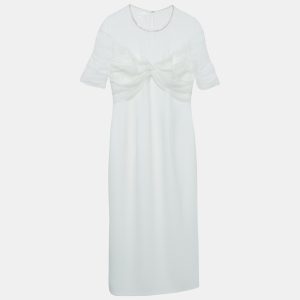 Jenny Packham White Crystal Embellished Tulle and Crepe Tulip Midi Dress L, Dresses - Luxury Closet