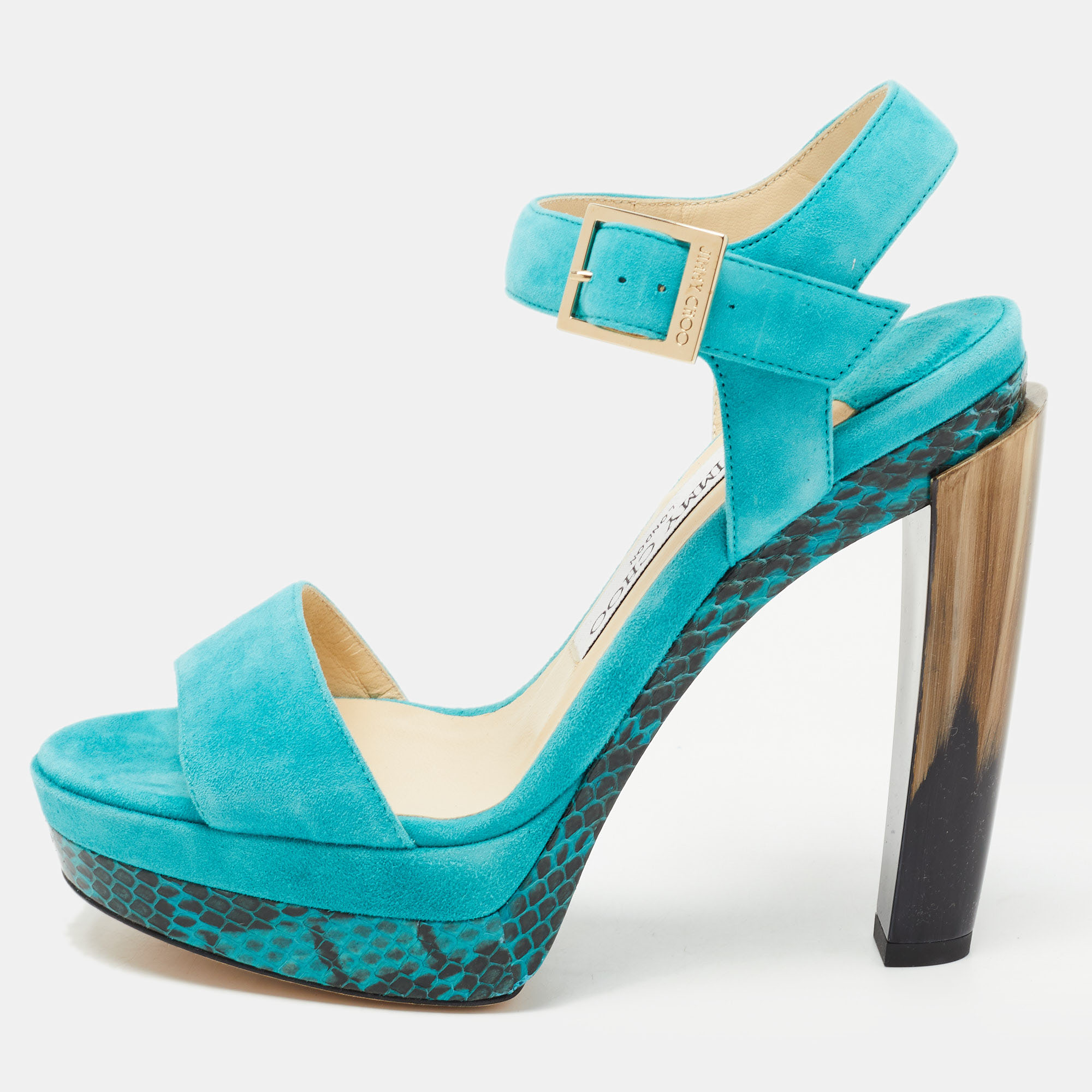 Jimmy Choo Turquoise Blue Suede and Python Leather Dora Platform Ankle Strap Sandals Size 36, Sandals - Luxury Closet