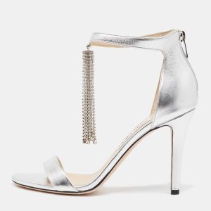 Jimmy Choo Silver Leather Crystal Embellished Chandelier Sandals Size 40, Sandals - Luxury Closet