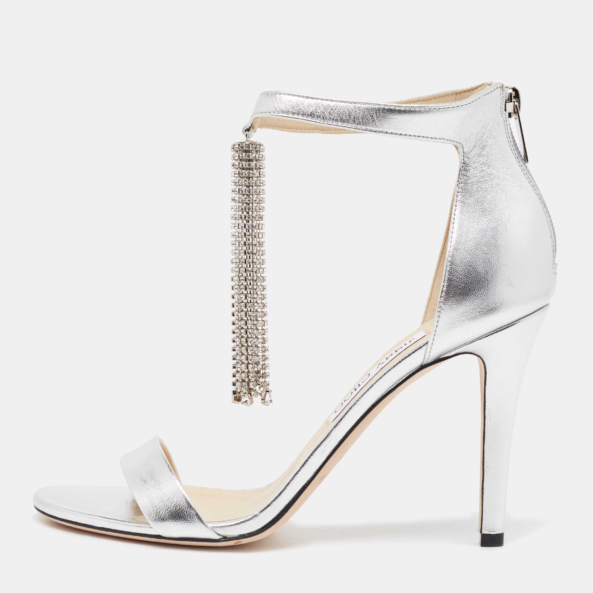 Jimmy Choo Silver Leather Crystal Embellished Chandelier Sandals Size 40, Sandals - Luxury Closet