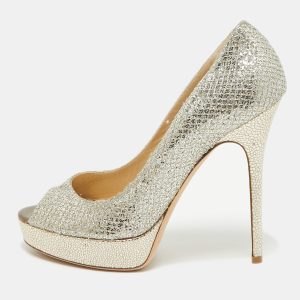 Jimmy Choo Gold Metallic Leather Luna Open Toe Pumps Size 39.5, Pumps - Luxury Closet catalog