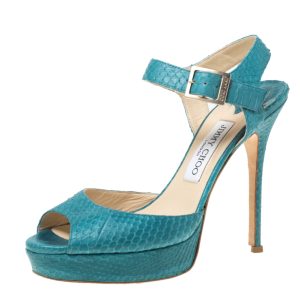 Jimmy Choo Blue Python Peep Toe Platform Sandals Size 38.5, Sandals - Luxury Closet