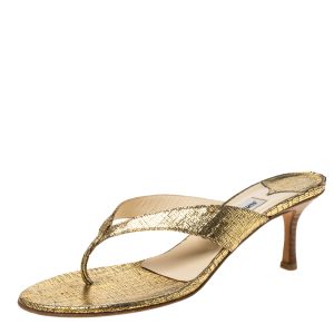 Jimmy Choo Gold Textured Leather Thong Wooden Heel Sandals Size 39.5, Sandals - Luxury Closet
