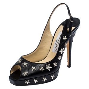 Jimmy Choo Black Star Studded Leather Peep Toe Platform Slingback Sandals Size 38, Sandals - Luxury Closet