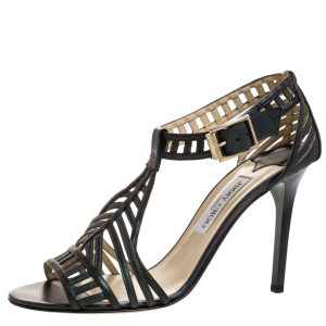 Jimmy Choo Metallic Dark Green Leather Cutout Open Toe Sandals Size 41, Sandals - Luxury Closet