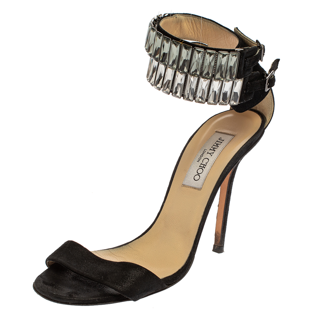Jimmy Choo Black Glitter Nubuck Crystal Embellished Ankle Cuff Sandals Size 38.5, Sandals - Luxury Closet