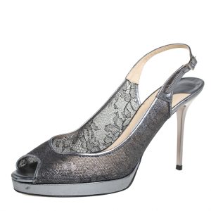 Jimmy Choo Metallic Silver Lace And Leather Nova Sandals Size 40, Sandals - Luxury Closet