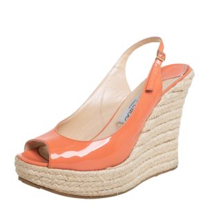 Jimmy Choo Orange Patent Leather Espadrille Wedge Slingback Sandals Size 38.5, Sandals - Luxury Closet