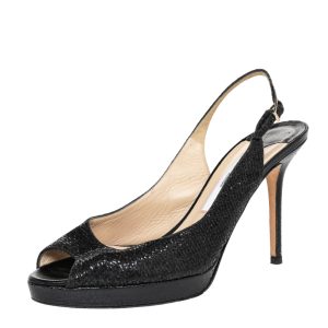 Jimmy Choo Black Glitter And Lurex Fabric Nova Peep Toe Slingback Sandals Size 38, Sandals - Luxury Closet