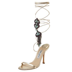 Jimmy Choo Metallic Beige Leather Crystal Embellished Tie Up Sandals Size 38, Sandals - Luxury Closet