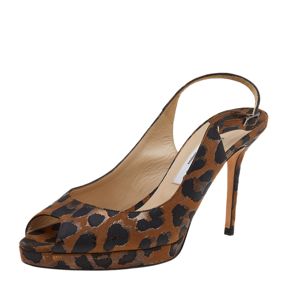 Jimmy Choo Brown Leopard Print Fabric Platform Peep Toe Slingback Sandals Size 41, Sandals - Luxury Closet