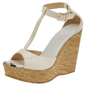 Jimmy Choo White Python Leather T Strap Wedge Platform Sandals Size 39, Sandals - Luxury Closet