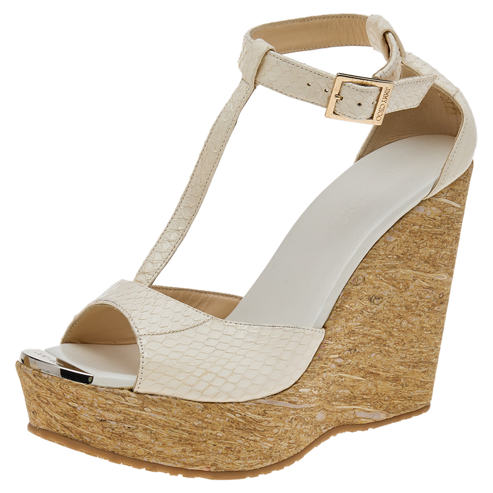 Jimmy Choo White Python Leather T Strap Wedge Platform Sandals Size 39, Sandals - Luxury Closet