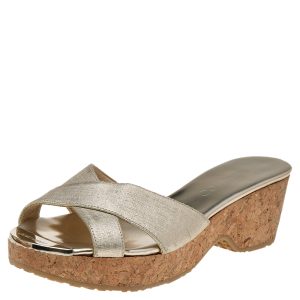 Jimmy Choo Gold Leather Cork Wedge Platform Sandals Size 36, Sandals - Luxury Closet