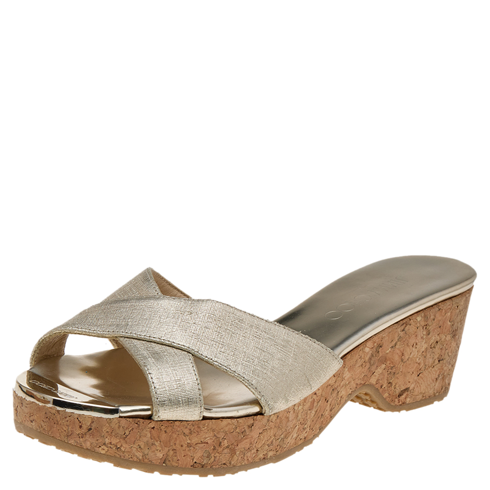 Jimmy Choo Gold Leather Cork Wedge Platform Sandals Size 36, Sandals - Luxury Closet catalog