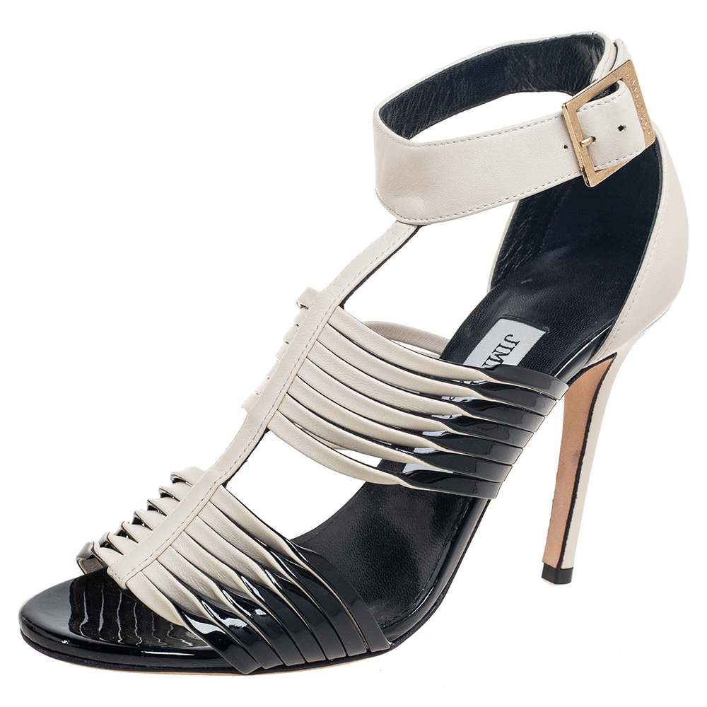 Jimmy Choo Black/Cream Patent and Leather Strappy Ankle Sandals Size 36, Sandals - Luxury Closet
