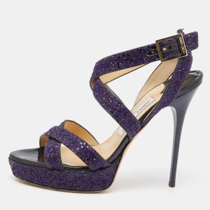 Jimmy Choo Purple Glitter Criss Cross Vamp Platform Sandals Size 39, Sandals - Luxury Closet