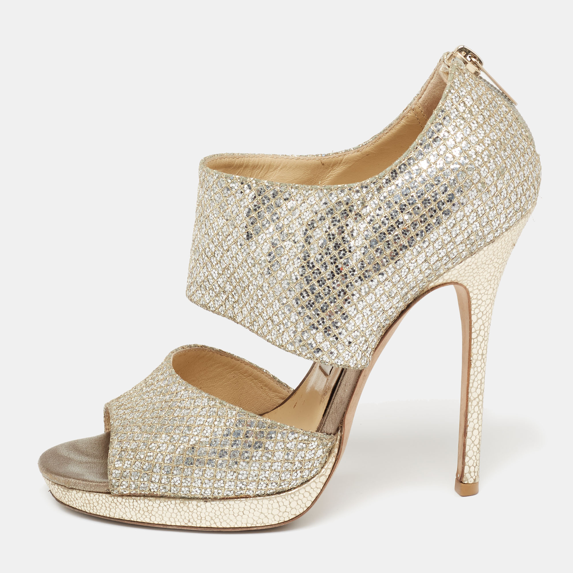 Jimmy Choo Silver/Gold Coarse Glitter Private Platform Sandals Size 37, Sandals - Luxury Closet