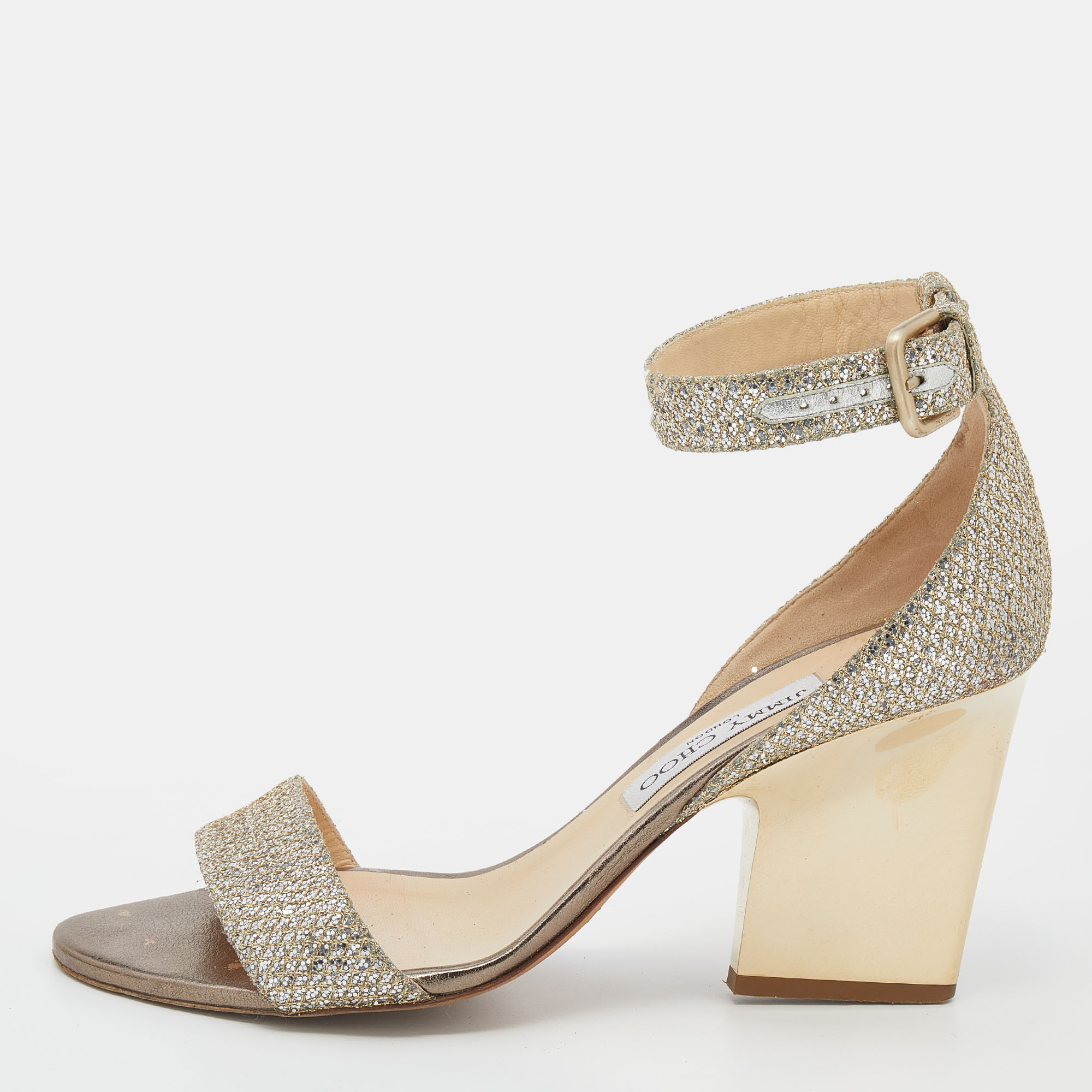 Jimmy Choo Metallic Gold Glitter Ankle Strap Sandals Size 39.5, Sandals - Luxury Closet