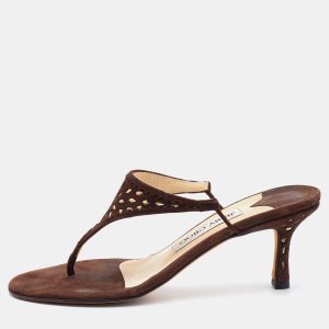 Jimmy Choo Brown Suede Laser Cutout Thong Sandals Size 37, Sandals - Luxury Closet