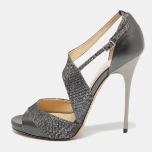 Jimmy Choo Metallic Grey Lurex Fabric and Leather Ankle Strap Sandals Size 39.5, Sandals - Luxury Closet
