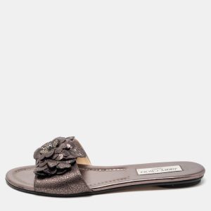 Jimmy Choo Metallic Bronze Leather Neave Floral Applique Slides 38.5, Sandals - Luxury Closet