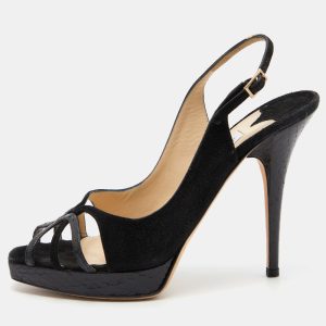 Jimmy Choo Black Suede and Watersnake Leather Ankle Strap Sandals Size 37.5, Sandals - Luxury Closet