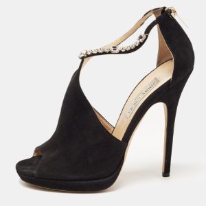 Jimmy Choo Black Suede Crystal Embellished Ankle Strap  Sandals Size 40, Sandals - Luxury Closet