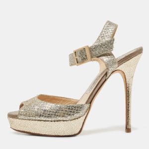 Jimmy Choo Gold Glitter Ankle Strap Platform Sandals Size 38.5, Sandals - Luxury Closet