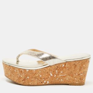 Jimmy Choo Metallic Laminated Suede Paque Thong Sandals Size 39.5, Sandals - Luxury Closet
