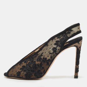 Jimmy Choo Black Suede and Embroidered Lace Open Toe Slingback Sandals Size 36.5, Sandals - Luxury Closet