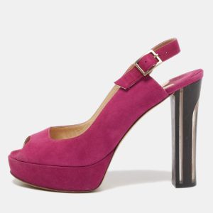 Jimmy Choo Pink Suede Platform Peep Toe Slingback Sandals Size 38.5, Sandals - Luxury Closet