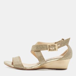 Jimmy Choo Gold Glitter Crisscross  Wedge Sandals Size 34, Sandals - Luxury Closet