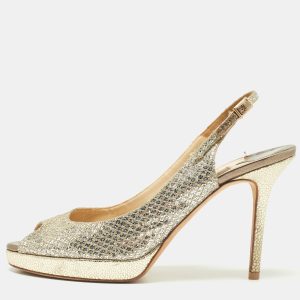 Jimmy Choo Gold Glitter and Leather Peep Toe Slingback Sandals Size 38.5, Sandals - Luxury Closet