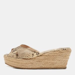 Jimmy Choo Beige Python Embossed Leather Prima Wedge Sandals Size 39, Sandals - Luxury Closet