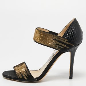 Jimmy Choo Black Snakeskin and Satin Ankle Strap Sandals Size 36.5, Sandals - Luxury Closet