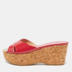 Jimmy Choo Pink Patent Leather Prima Cork Wedge Platform Sandals Size 37.5, Sandals - Luxury Closet