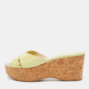 Jimmy Choo Green Patent Leather Prima Wedge Sandals Size 38, Sandals - Luxury Closet