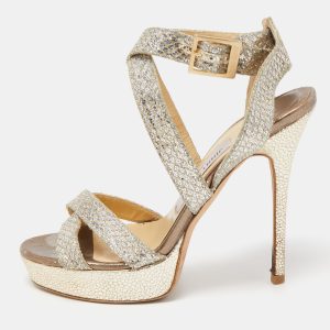 Jimmy Choo Silver Glitter Vamp Ankle Strap Sandals Size 38, Sandals - Luxury Closet