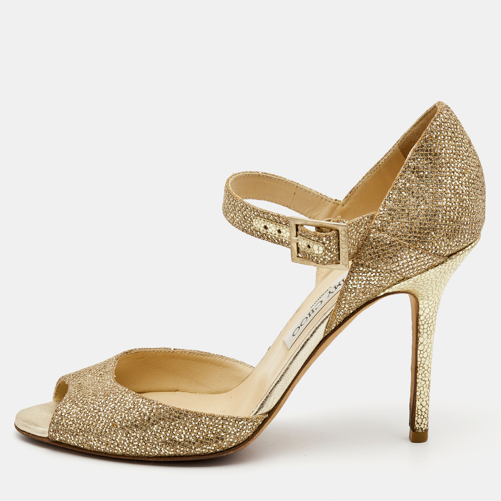 Jimmy Choo Gold Coarse Glitter Foil Leather Ankle Strap Sandals Size 39.5, Sandals - Luxury Closet