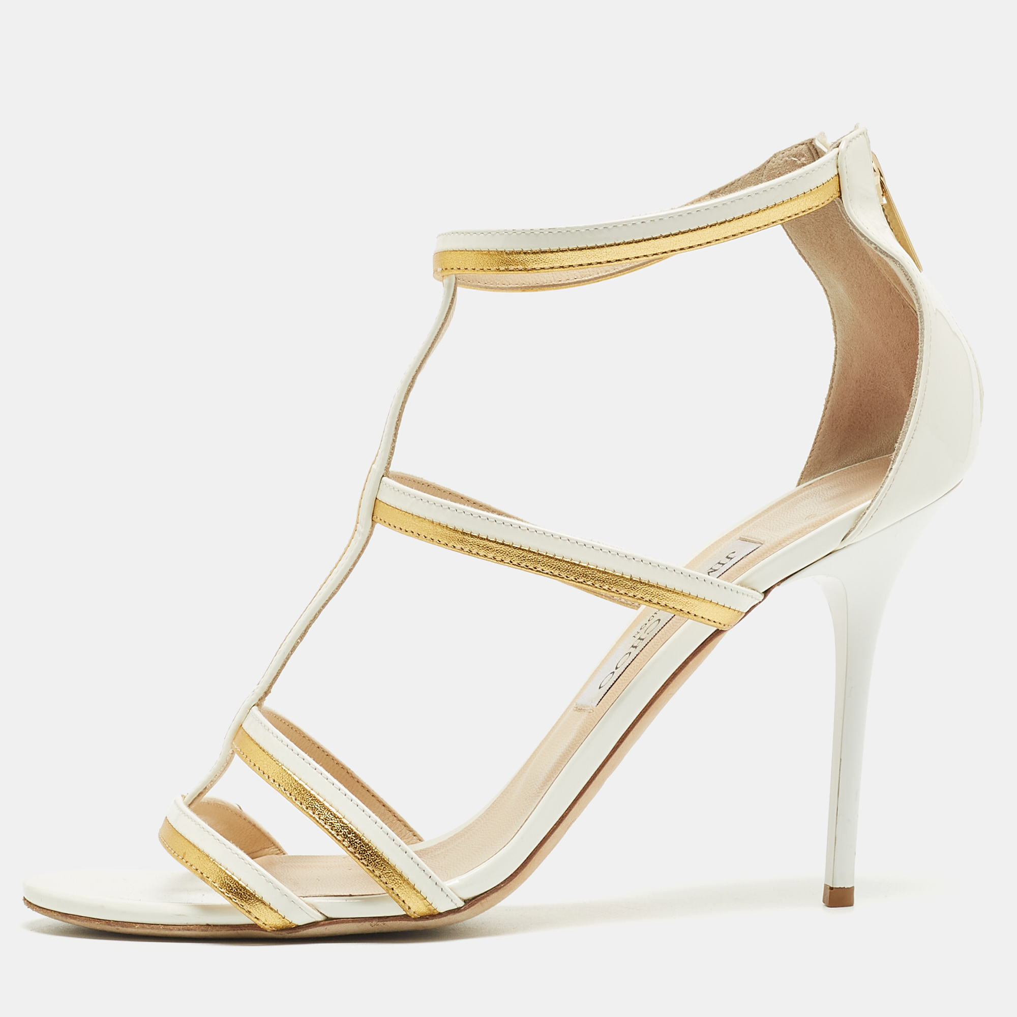 Jimmy Choo White/Gold Patent and Leather Ankle Sandals Size 39.5, Sandals - Luxury Closet