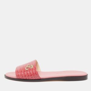 Jimmy Choo Pink Croc Embossed Minea Flat Slides Size 36, Sandals - Luxury Closet